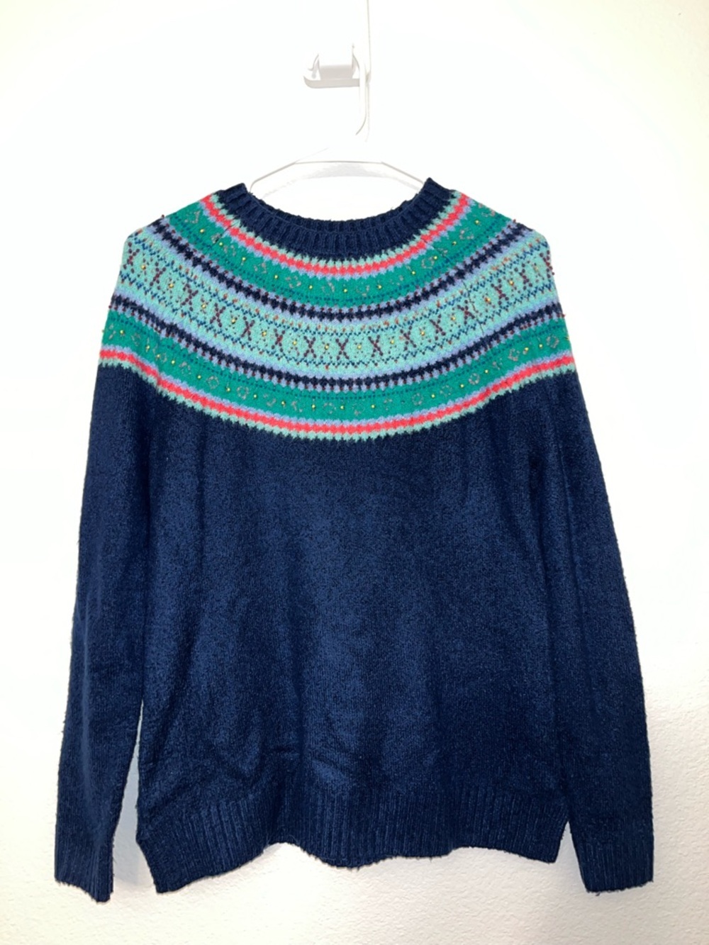 Talbots Navy Fair Isle Yoke Sweater with Teal & Pink Accents